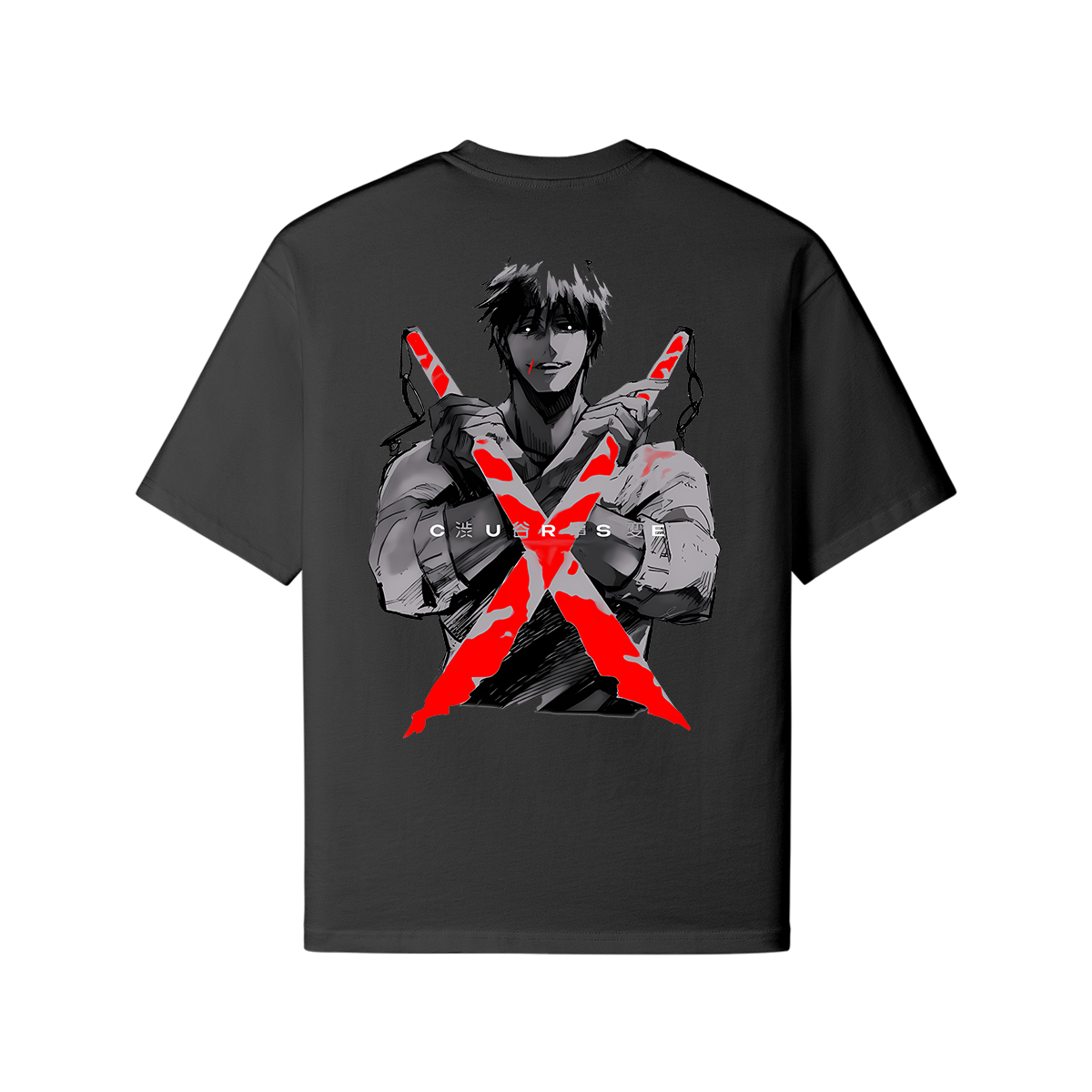 Behind oversized T-shirt