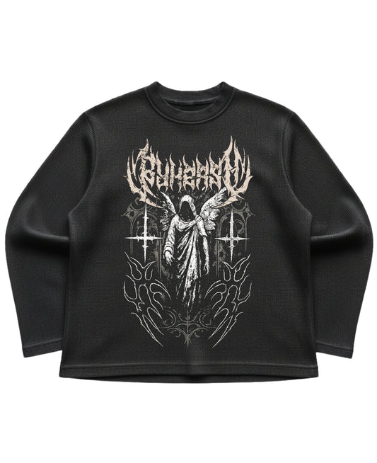 Black waffle knit oversized full-sleeve Front Design